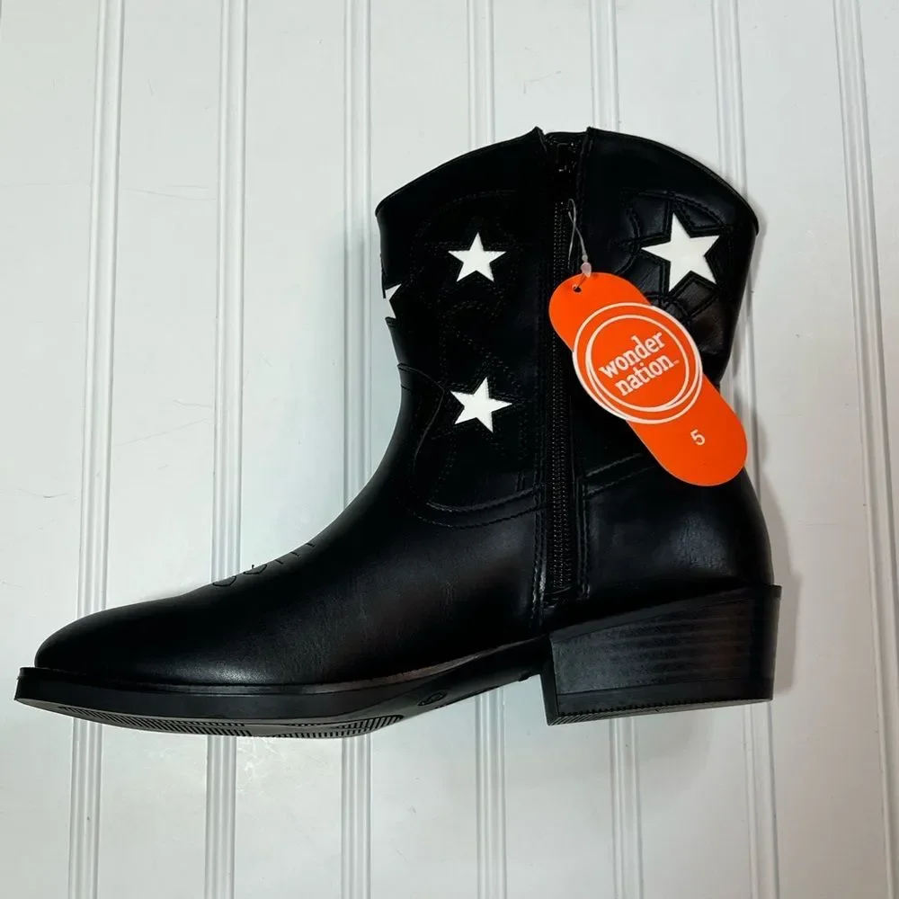 Wonder Nation Kids Black Boots with White Stars Size 5 NWT
